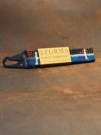 Climbing rope carabiner keychain in blue and black