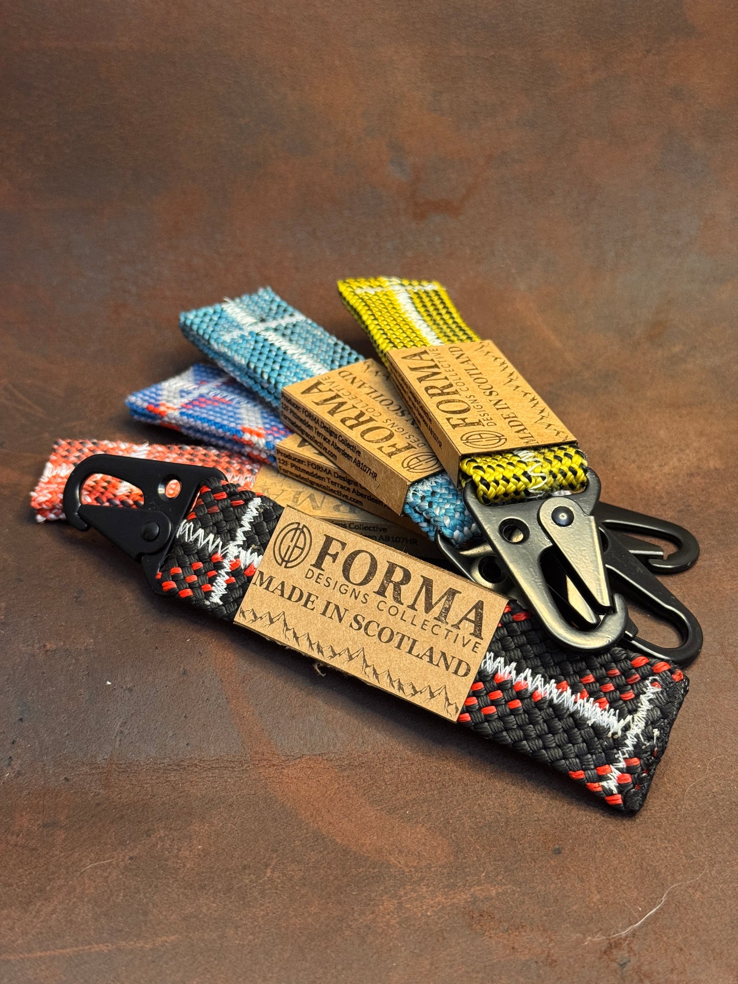 FORMA recycled climbing rope carabiner keychains in a range of colours, made in Scotland
