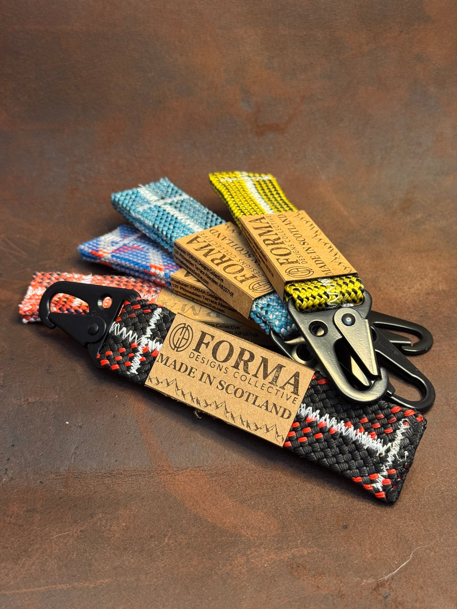 FORMA recycled climbing rope carabiner keychains in a range of colours, made in Scotland